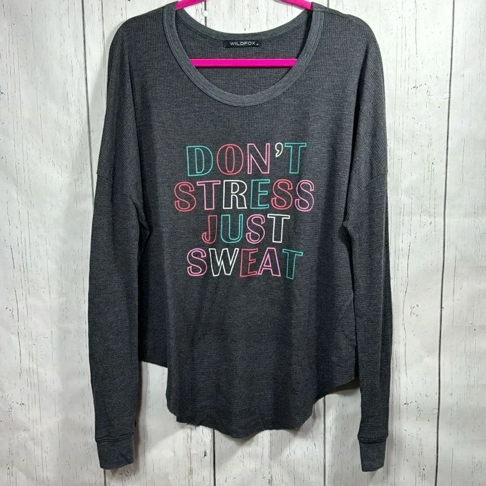 Wildfox Gray Don’t Stress Just Sweat Thermal Oversized Lounge Top M Relaxed Fit